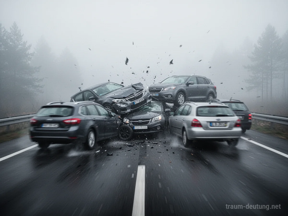 Viele Autos in einem chaotischen Unfall auf einer nebligen Straße.
