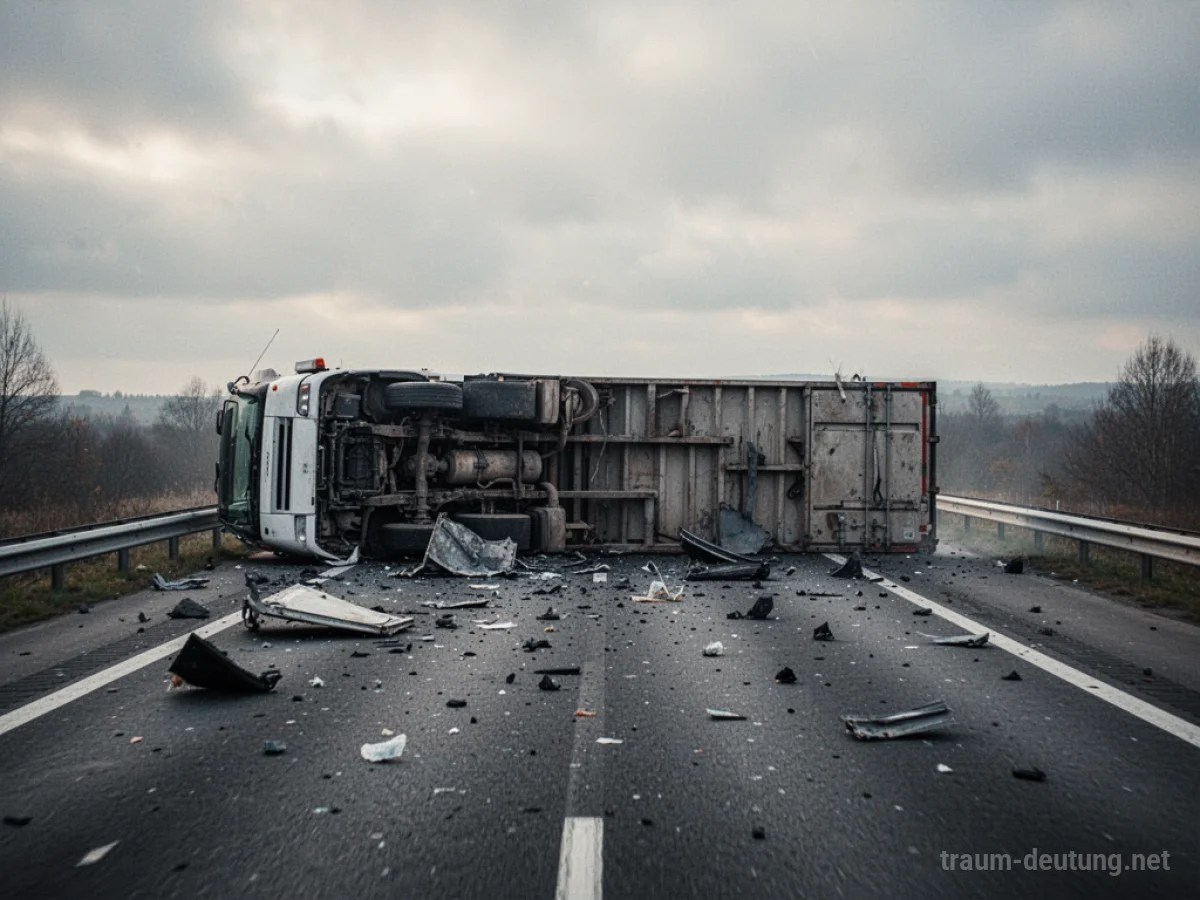Ein umgekippter LKW liegt auf einer Autobahn, umgeben von Trümmern.