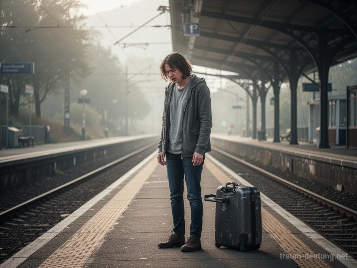 Eine Person steht auf einem Bahnsteig und blickt besorgt auf eine leere Stelle, wo ihr Koffer sein sollte.