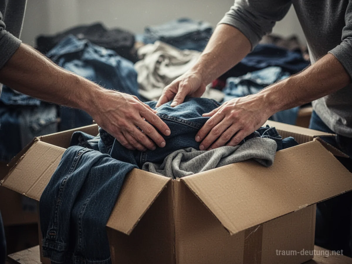 Hände legen Kleidung in einen Karton zum Verkauf.