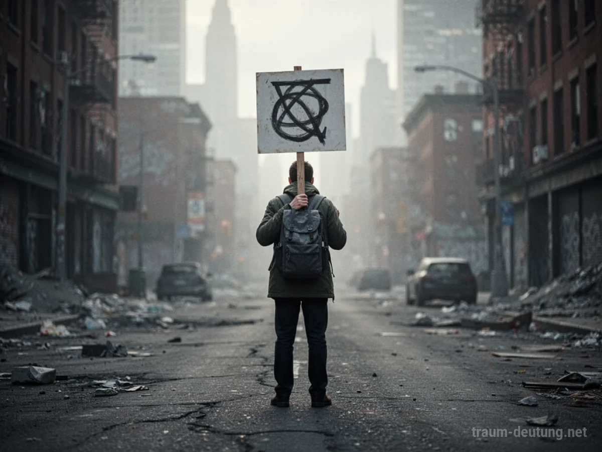 Silhouette eines Menschen, der ein Schild mit einem abstrakten Symbol in einer leeren Straße hält.