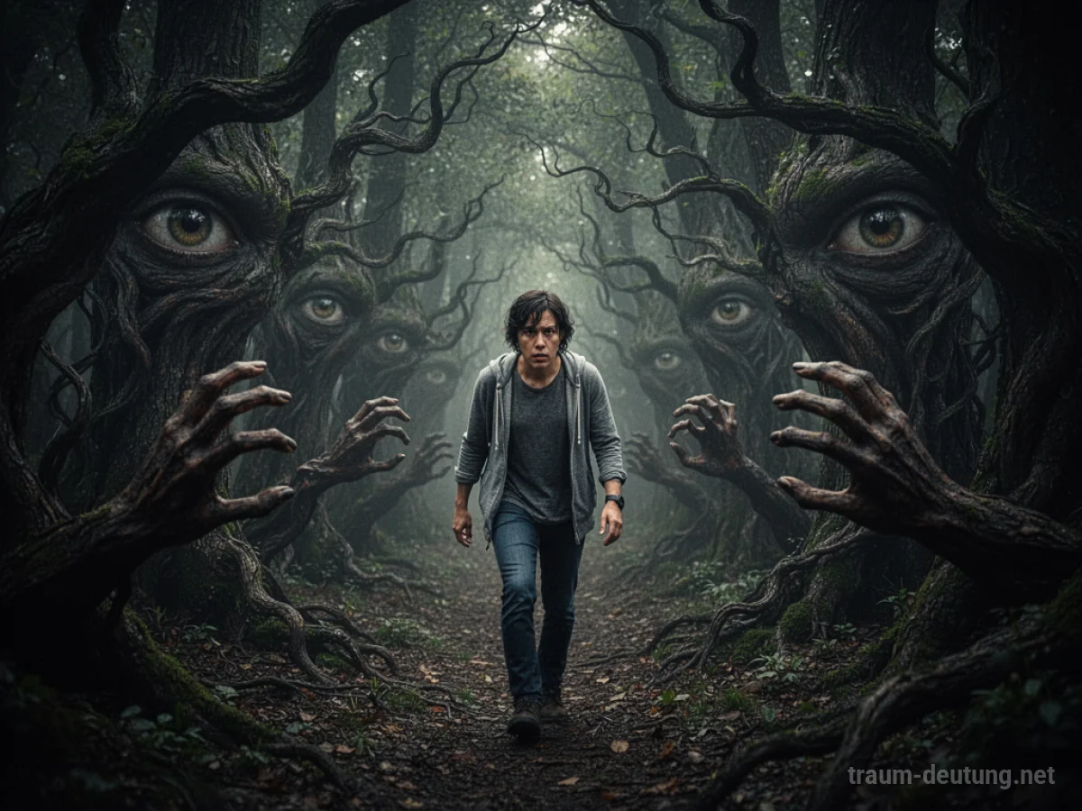 Eine Person im dunklen Wald, umgeben von bedrohlichen Schatten und Ästen, die wie Augen aussehen.