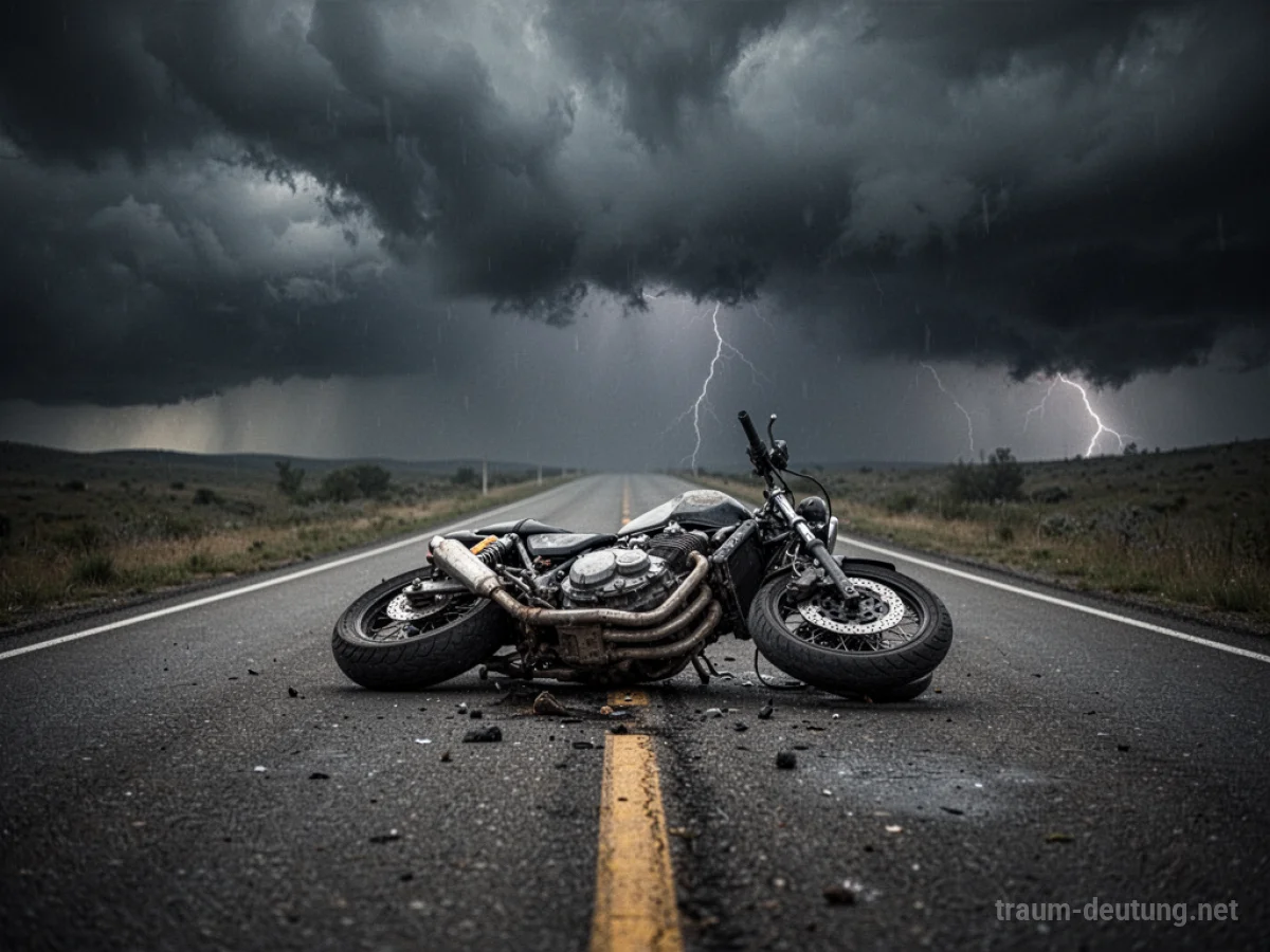 Ein umgekipptes Motorrad auf einer verlassenen Straße unter einem dunklen Himmel.