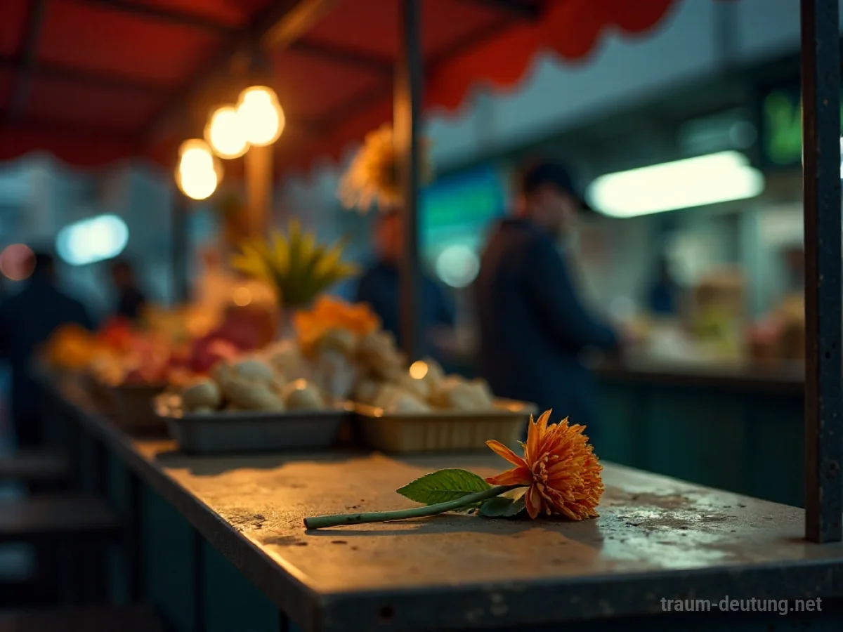 Leerer Marktstand mit welker Blume
