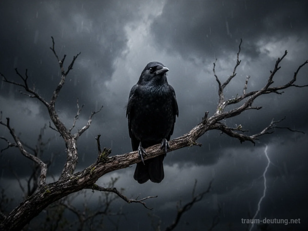 Ein einzelner schwarzer Vogel sitzt auf einem kahlen Ast vor einem dunklen Himmel.