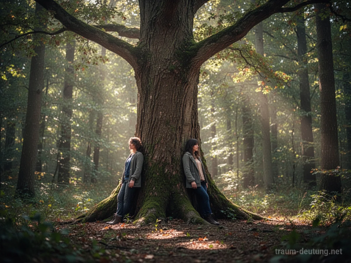 Eine Person lehnt sich an einen großen Baum im Wald.