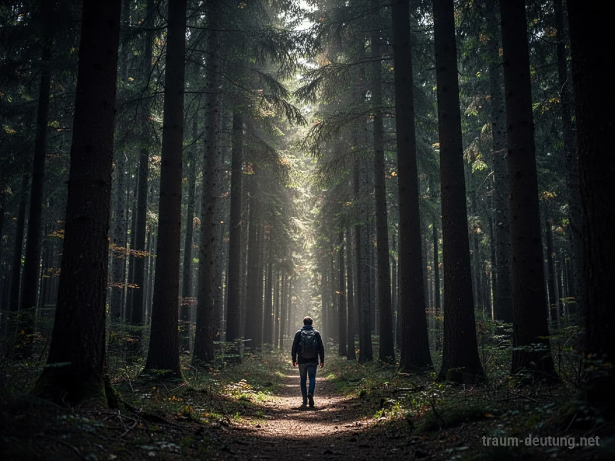 Eine Person verirrt sich in einem dichten Wald mit wenig Licht.