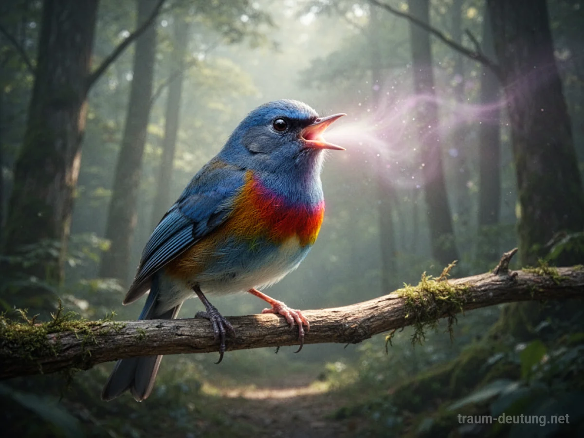 Ein bunter Vogel sitzt auf einem Ast und scheint zu sprechen.