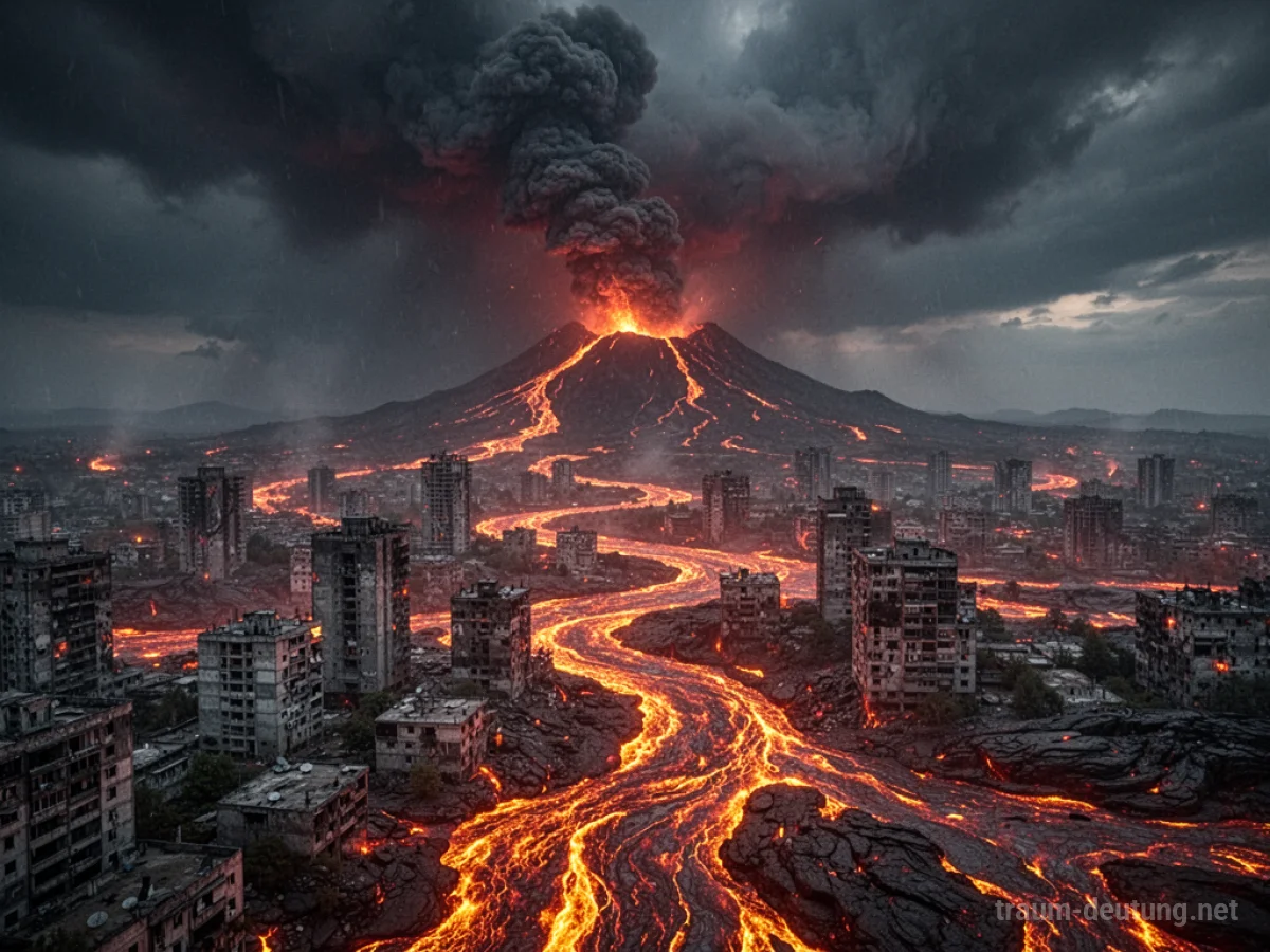 Eine Stadt wird von Lava aus einem Vulkan verschlungen
