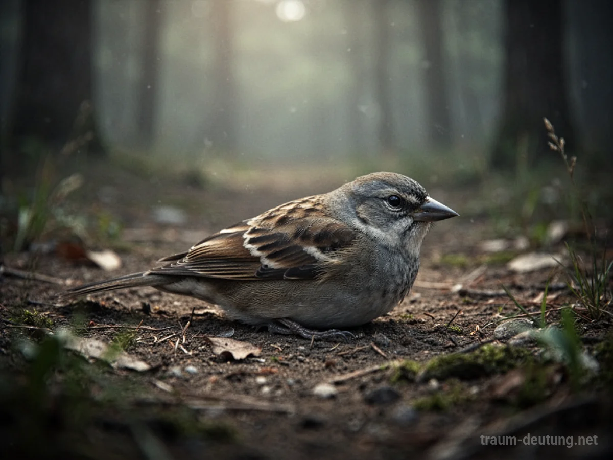 Ein still liegender Vogel auf dem Boden, umgeben von Laub.