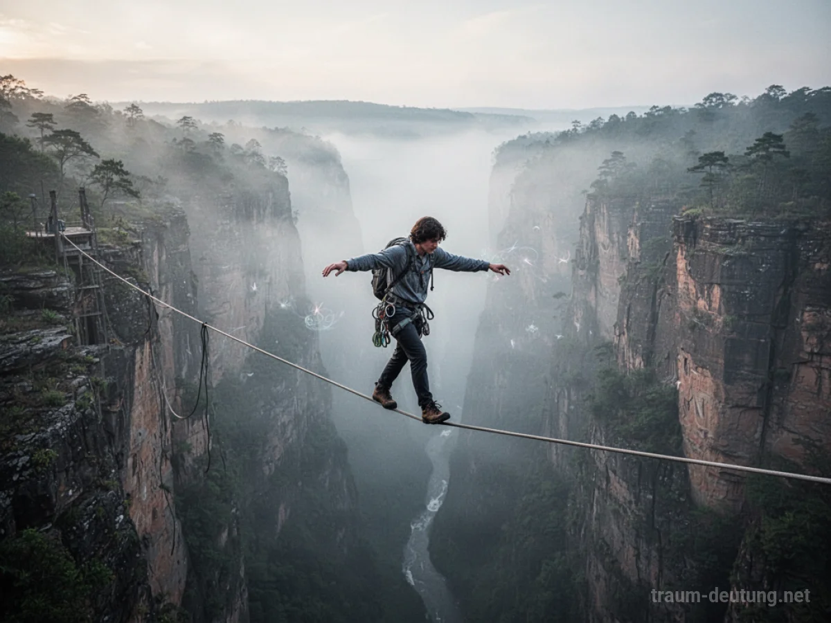 Person balanciert auf einem Seil über einer Schlucht und greift ins Leere.