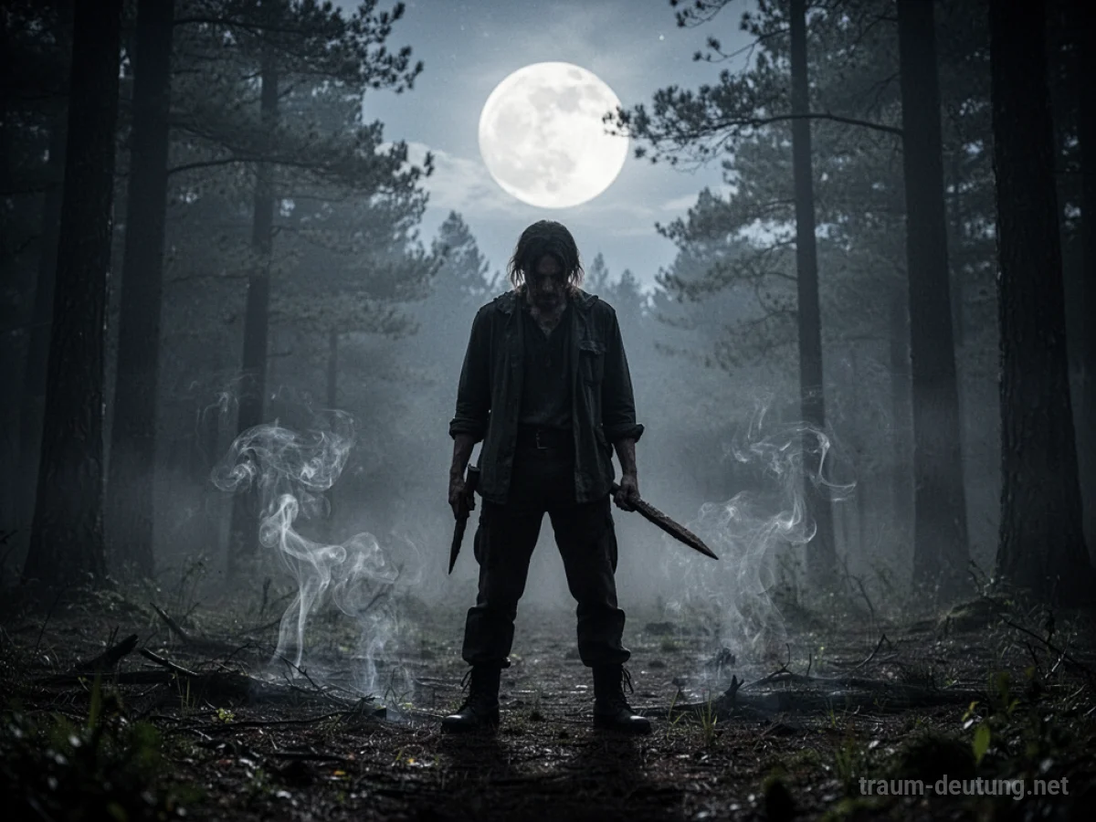 Eine einzelne Figur als Vampirjäger steht in einem nebligen Wald bei Mondlicht.