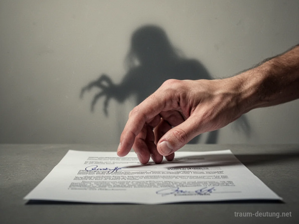 Hand schwebt über einem Vertrag und zögert bei der Unterschrift.