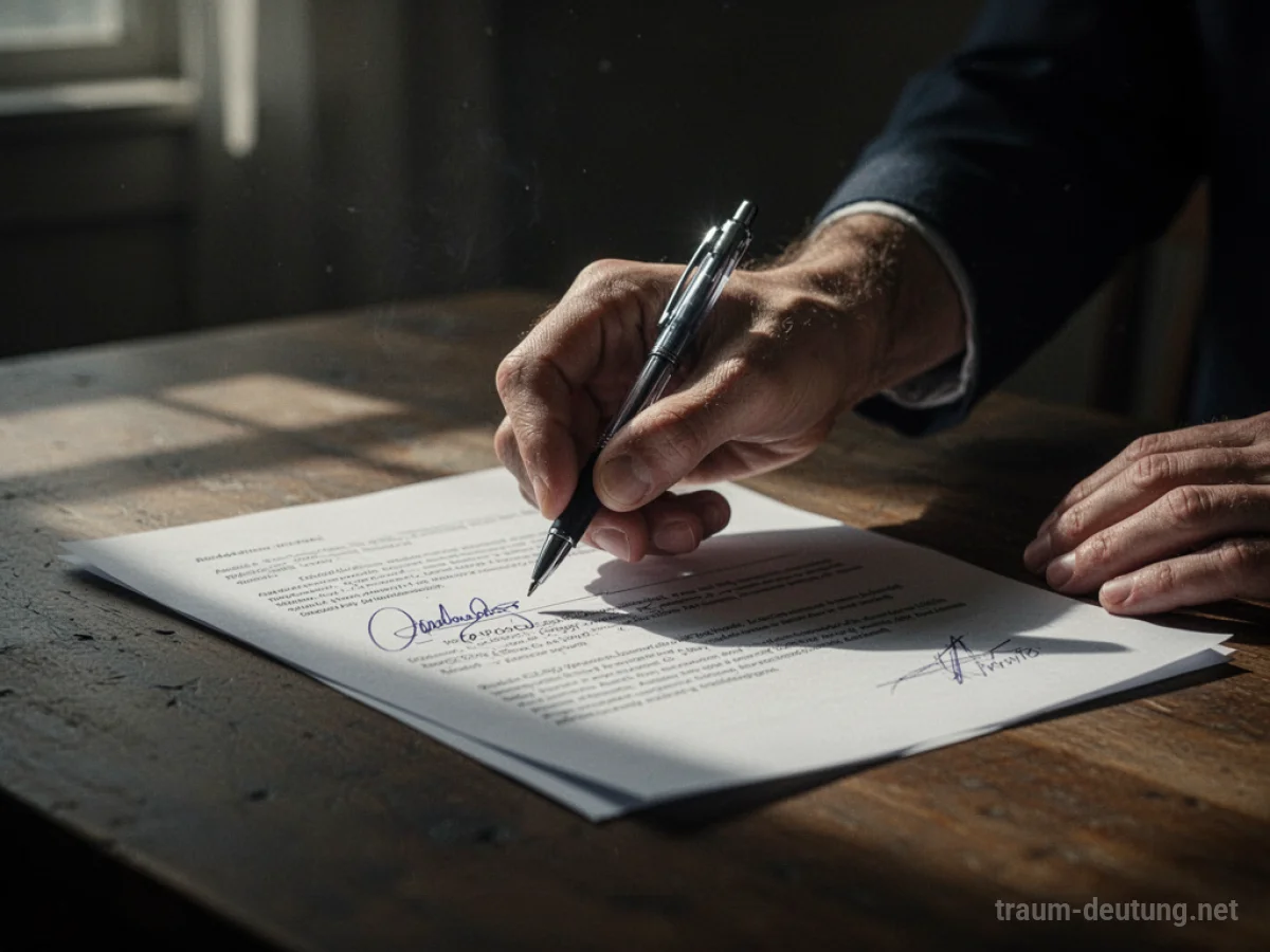 Hand mit Stift vor einem Vertrag auf einem Tisch.