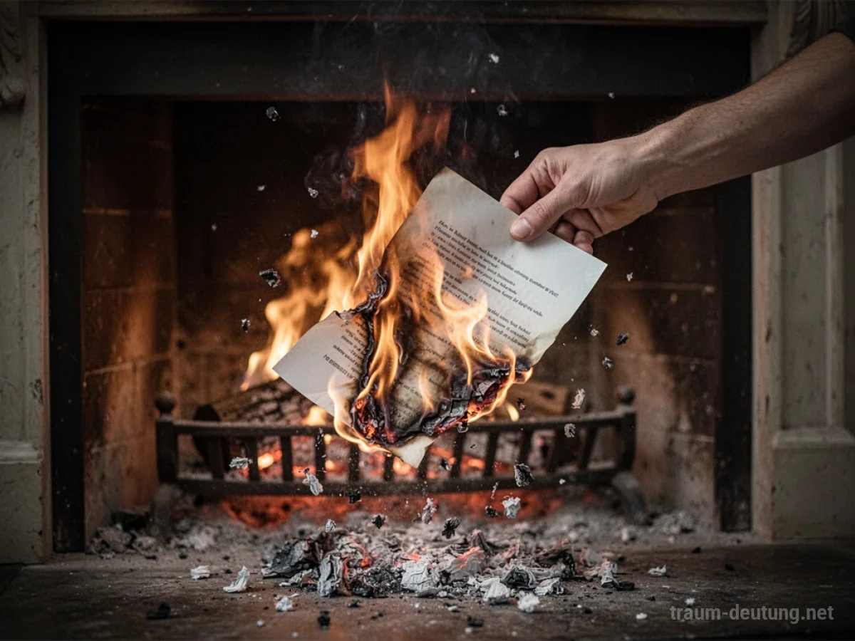 Ein brennendes Dokument in einem Kaminfeuer, Flammen verzehren das Papier.