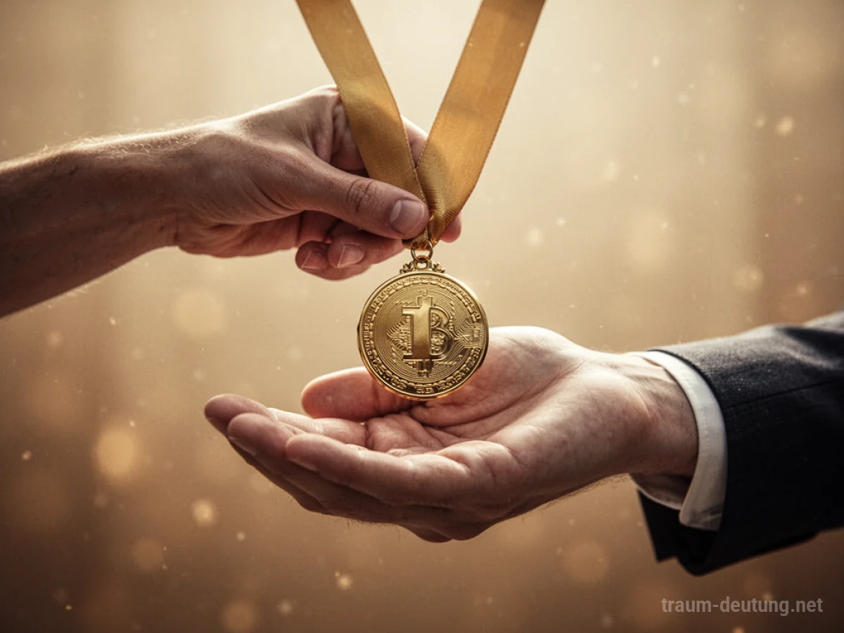 Hand reicht Medaille als Vertrauensbeweis