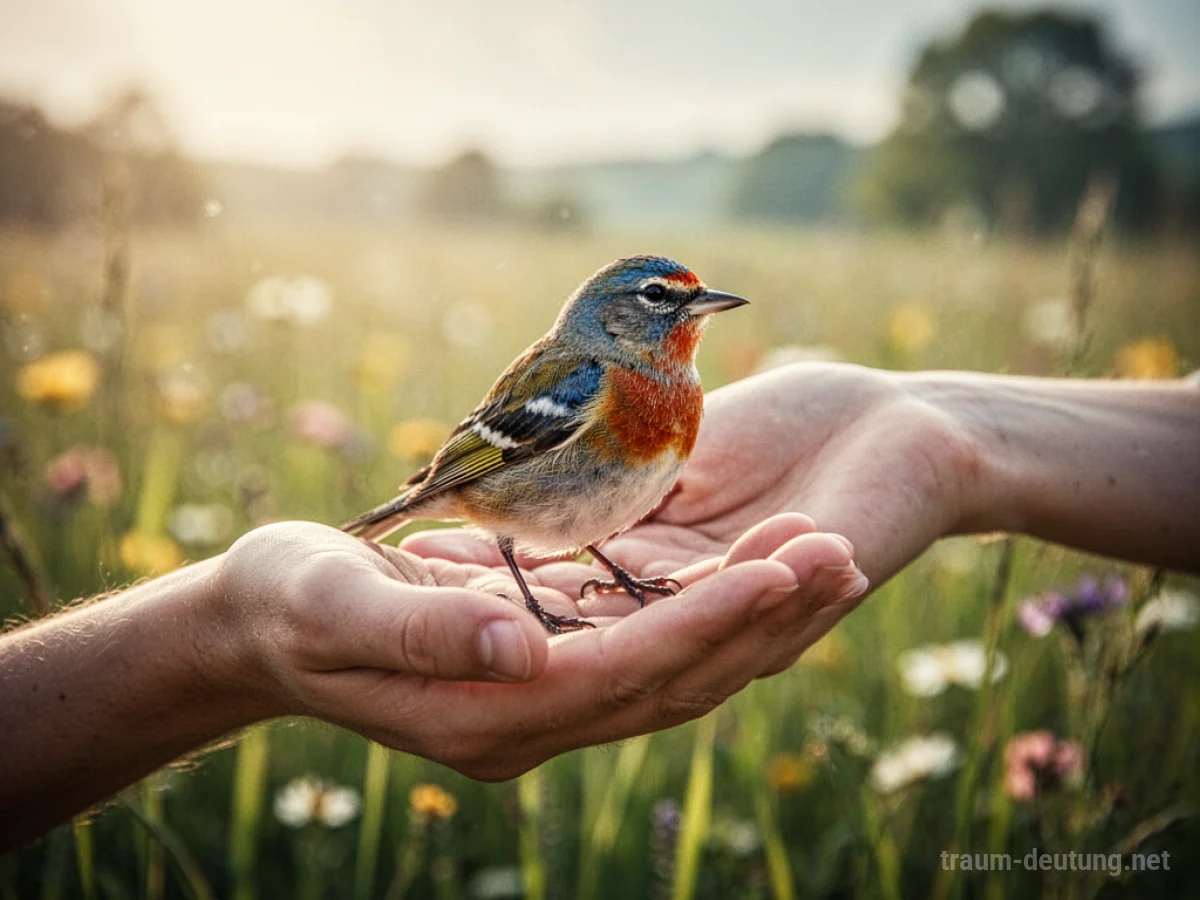 Hände halten einen kleinen, bunten Vogel im Traum.