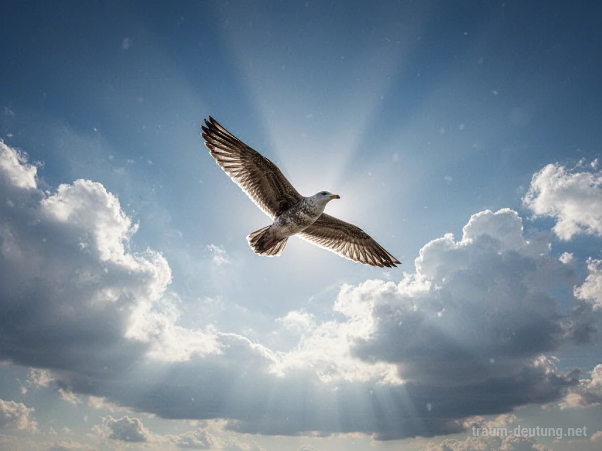 Vogel fliegt hoch am blauen Himmel mit Sonnenstrahlen.