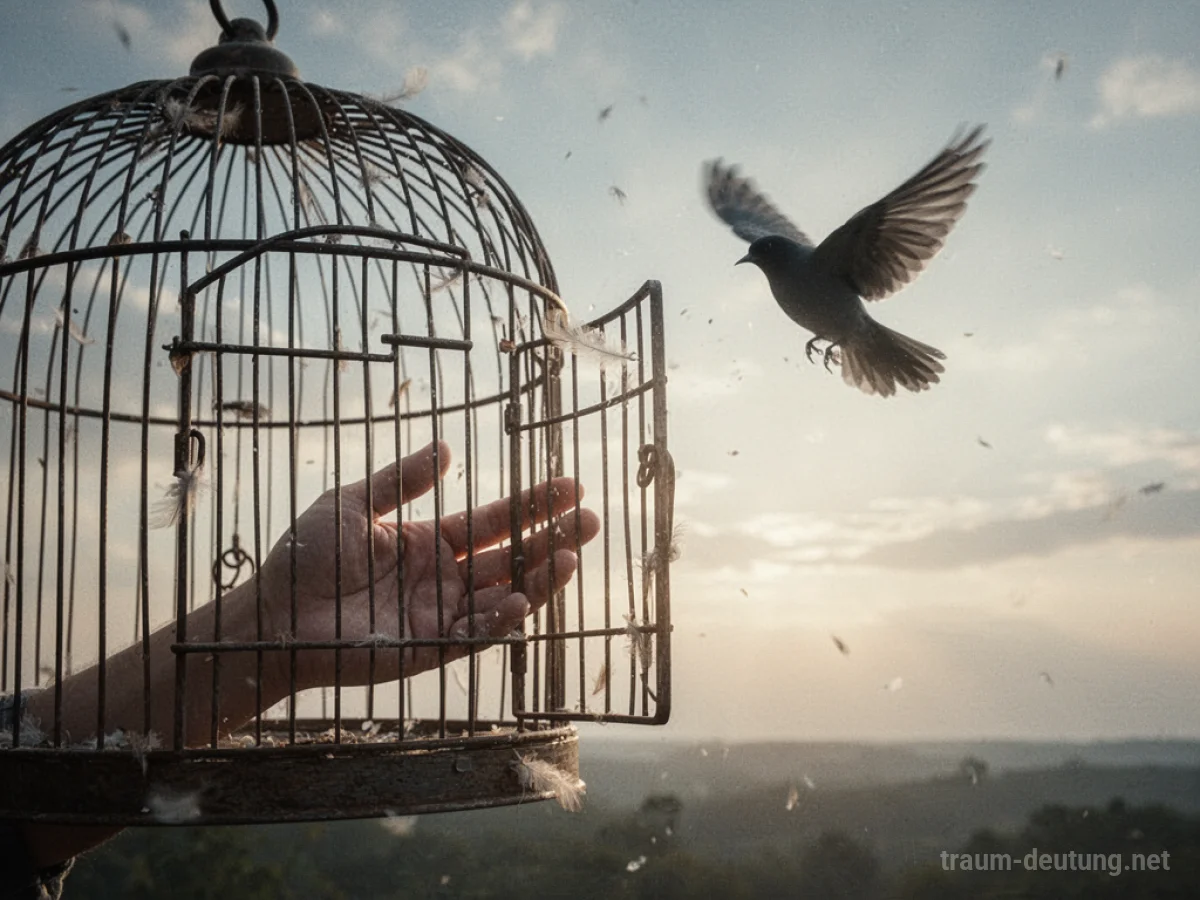 Hand öffnet Vogelkäfig, Vogel fliegt in den freien Himmel