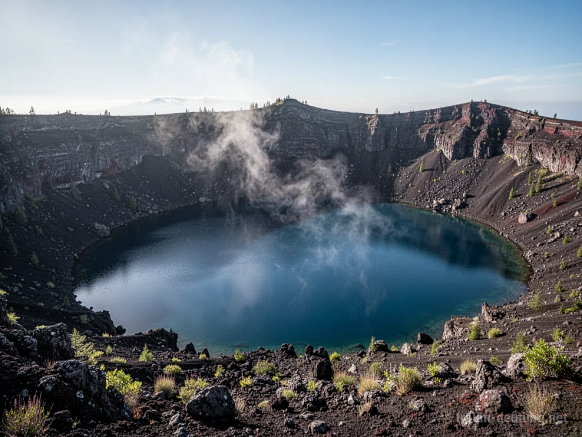 Blauer Vulkansee im Krater unter klarem Himmel