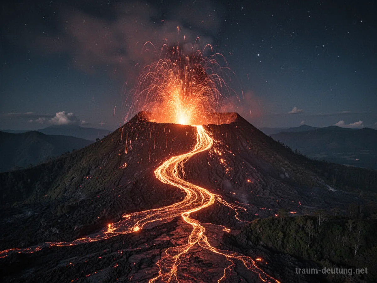 Glühende Lava fließt einen Vulkan hinab in der Nacht