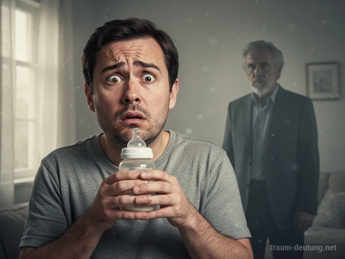 Ein Mann hält eine Babyflasche, während eine väterliche Silhouette im Hintergrund steht.