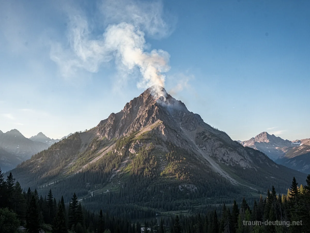 Bergspitze raucht leicht unter blauem Himmel, friedliche Landschaft