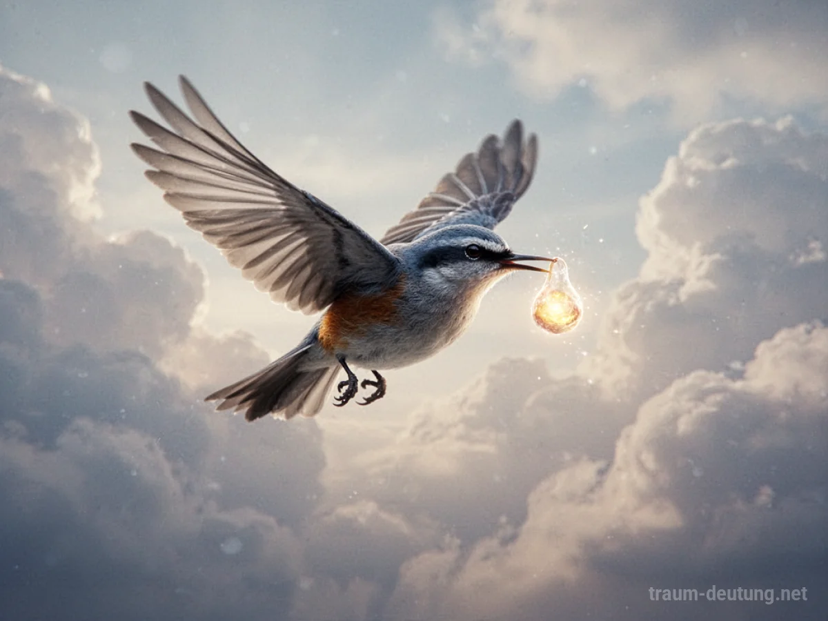 Vogel fliegt mit einem Objekt im Schnabel über Wolken