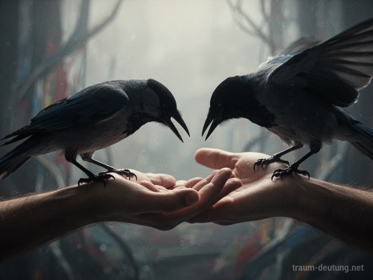 Silhouette eines Vogels, der nach einer menschlichen Hand schnappt.