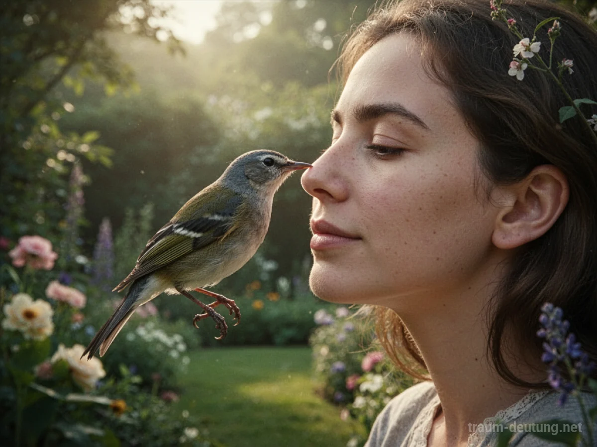 Ein Vogel berührt sanft mit seinem Schnabel die Wange einer Person in einem sonnigen Garten.