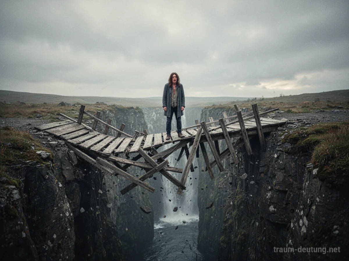 Eine zerfallende Holzbrücke über einer Schlucht mit einer einzelnen Person darauf.