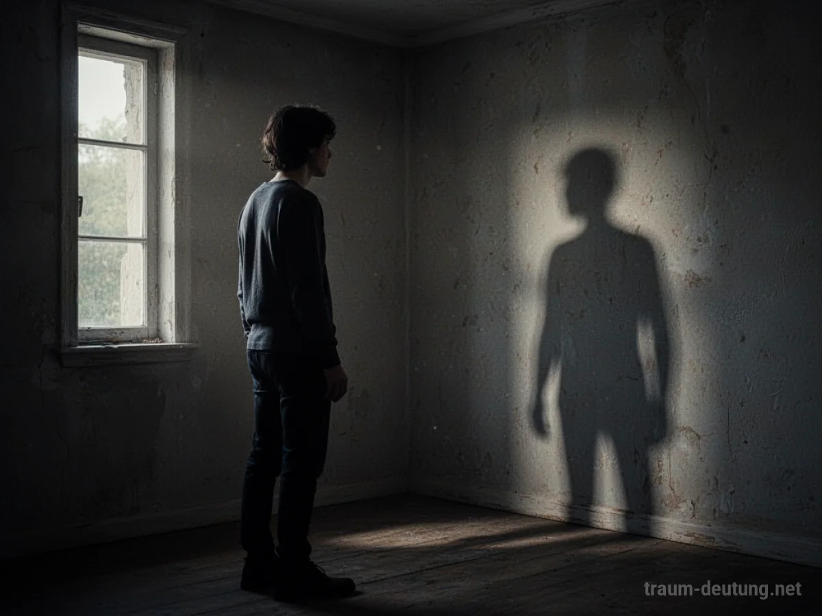 Schattenhafte Figur im dunklen Raum, während eine Silhouette zusieht.