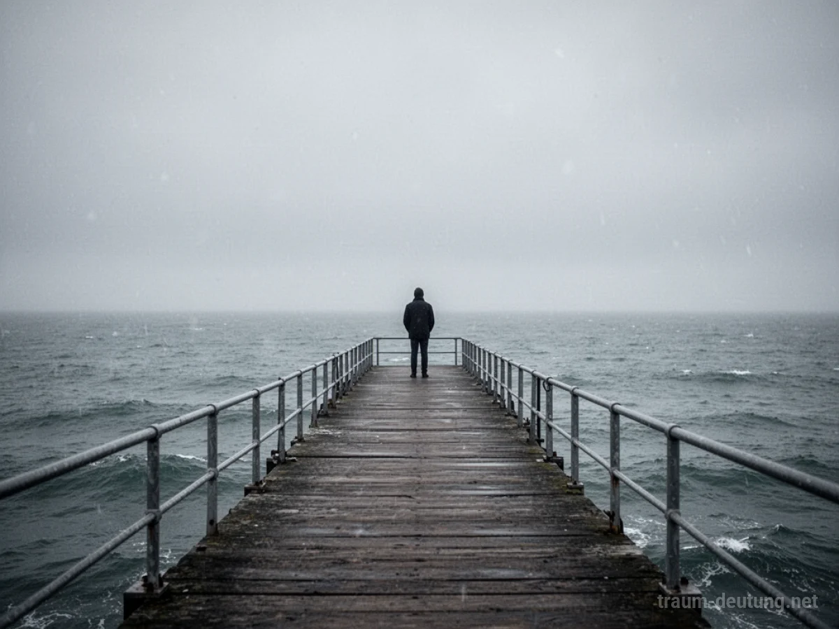 Eine einsame Person steht an einem Pier und blickt auf das neblige Meer, was Verlassenwerden im Traum symbolisiert.