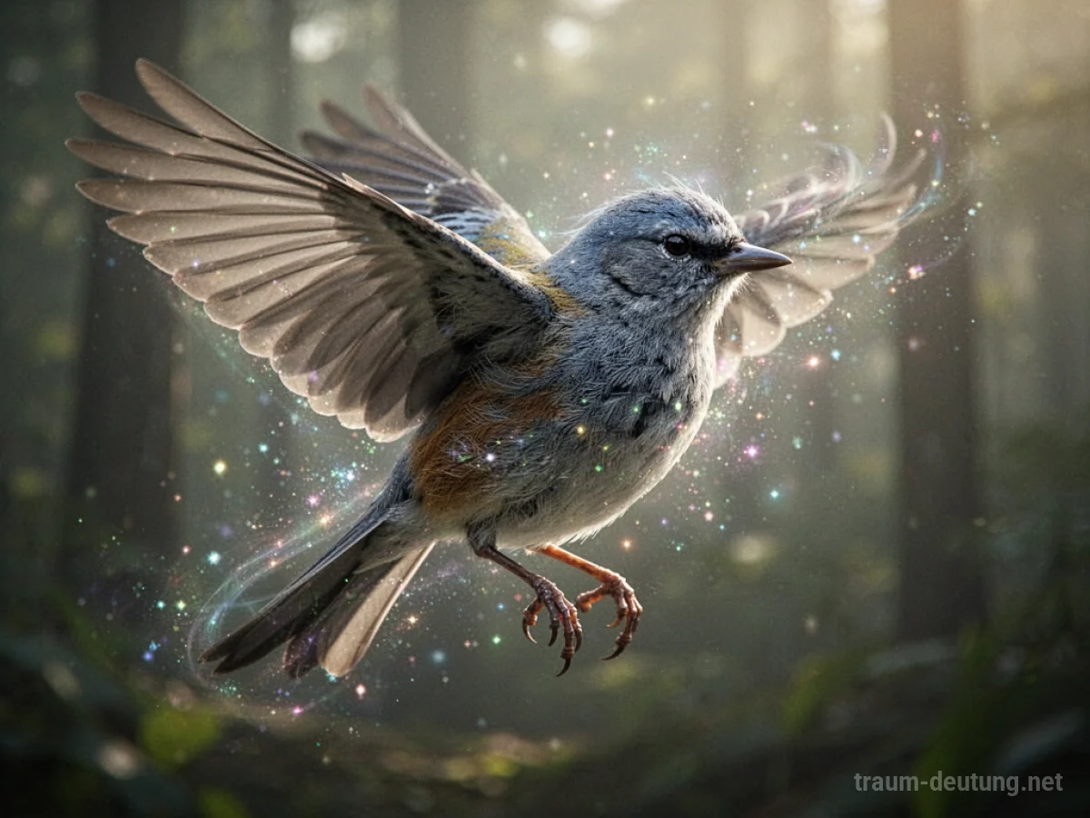 Ein Vogel, der sich im Traum in etwas Neues verwandelt, umgeben von sanftem Licht.