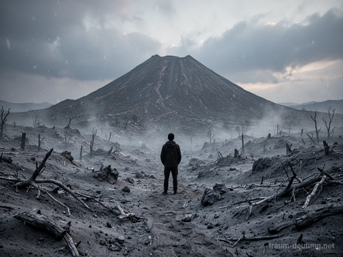 Landschaft bedeckt mit grauer Vulkanasche, im Hintergrund ein Vulkan