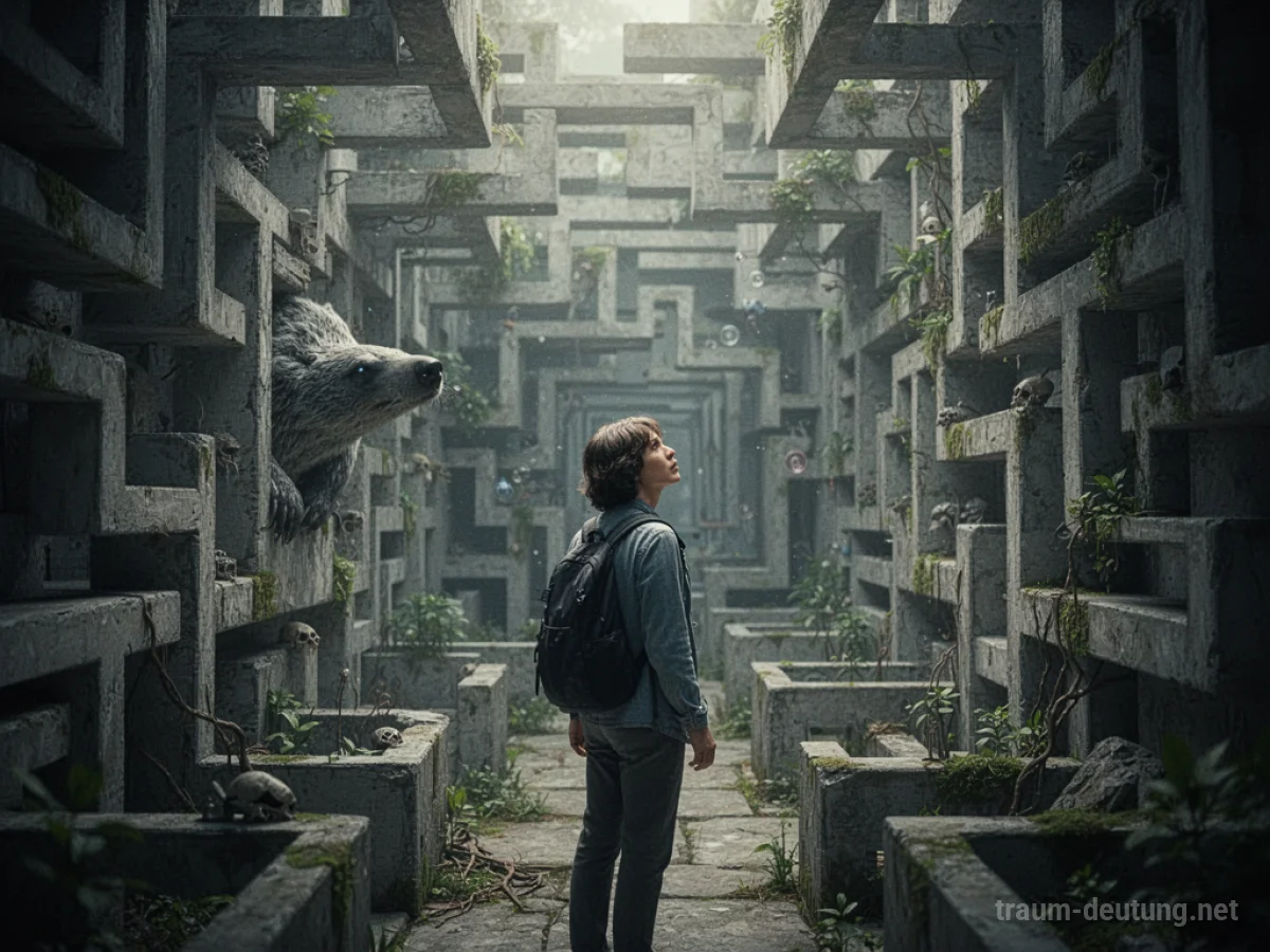 Person sucht verzweifelt nach einem Versteck in einer Labyrinth-ähnlichen Umgebung.