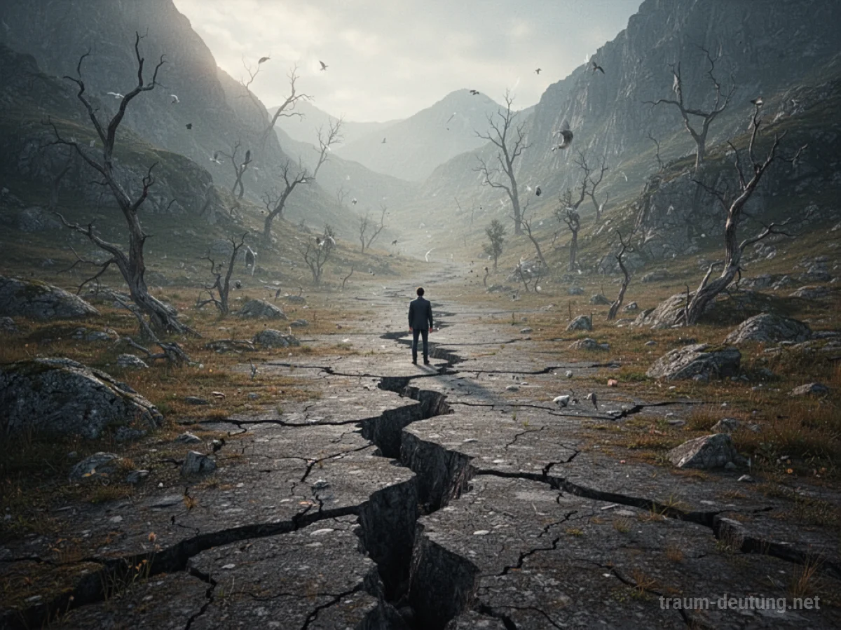 Eine Landschaft mit feinen Rissen und Brüchen, eine einzelne Figur beobachtet aus der Ferne.