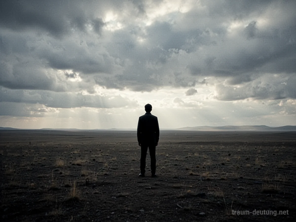 Silhouette einer Person, die allein auf einer weiten Ebene steht und auf den Horizont blickt.