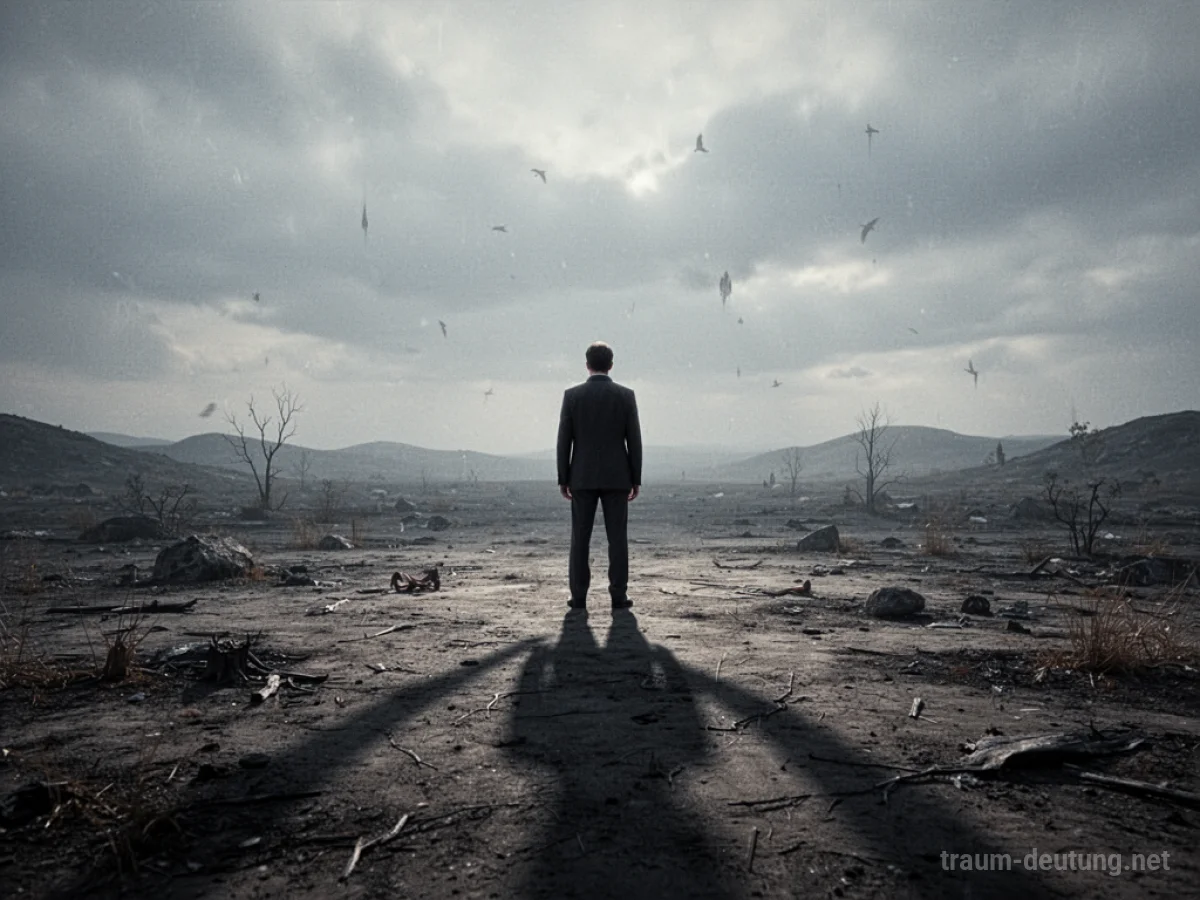 Eine einzelne Person steht in einer trostlosen Landschaft, ein langer Schatten deutet Verrat an.