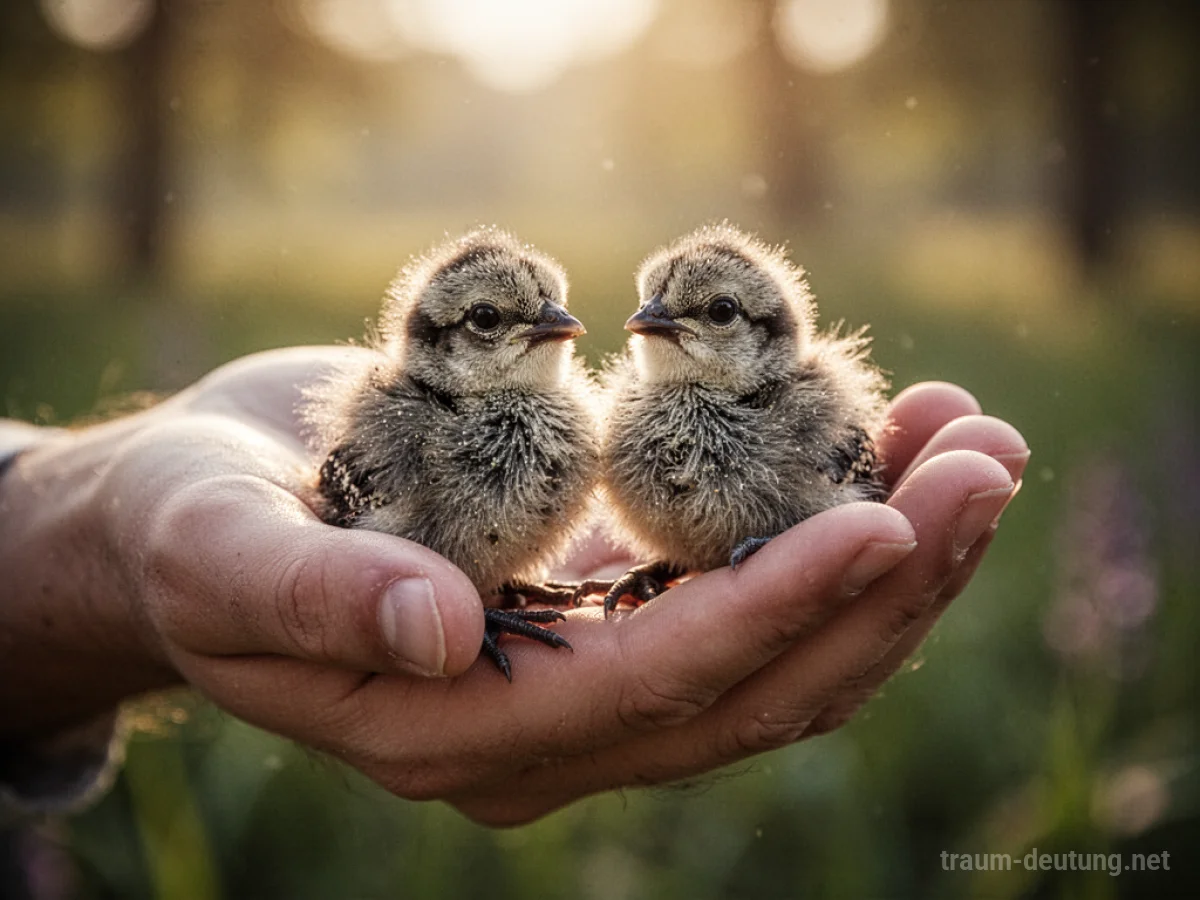 Süße Vogelbabys in einer schützenden Hand, umgeben von sanftem Licht.