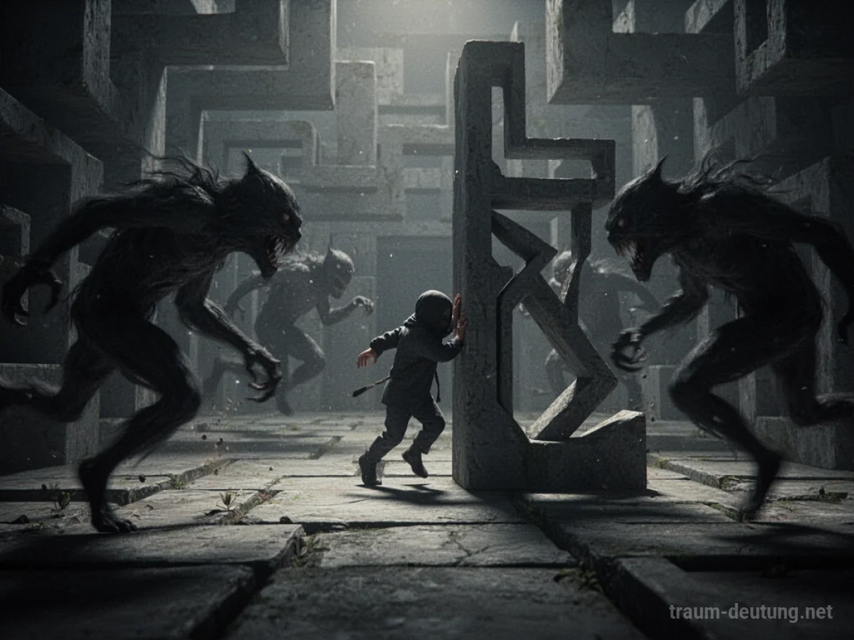 Person versteckt sich vor dunklen Schatten in einem Labyrinth
