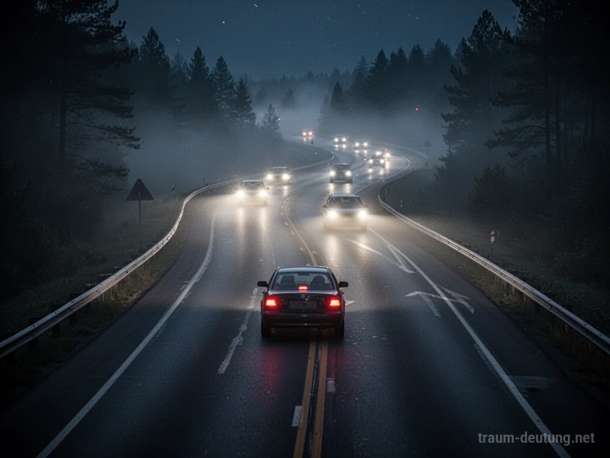 Auto fährt als Geisterfahrer auf dunkler Autobahn, Nebel behindert Sicht