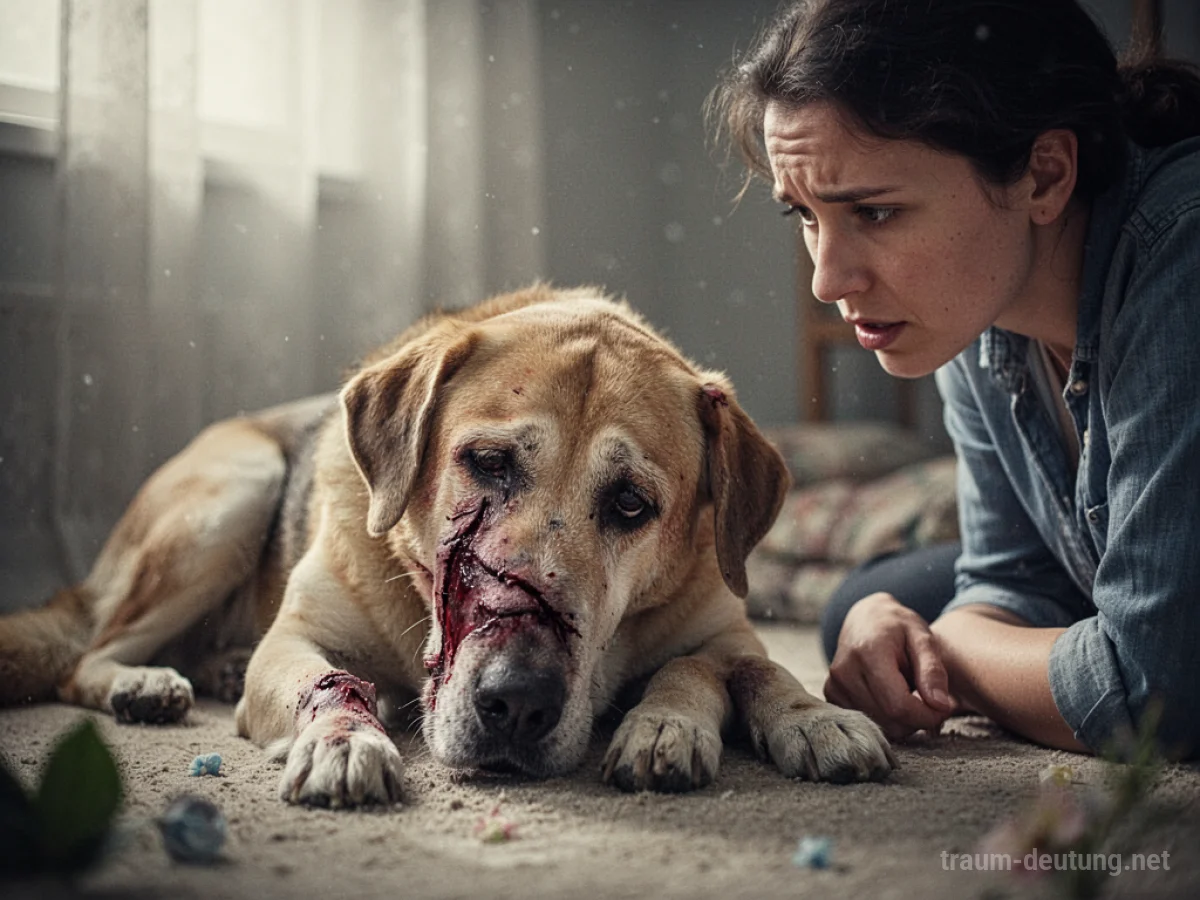 Ein trauriger Hund mit einer sichtbaren Verletzung liegt am Boden, eine besorgte Person ist in der Nähe.