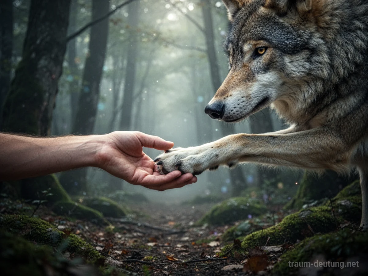 Menschliche Hand und Tierpfote berühren sich im Zwielicht eines Waldes.