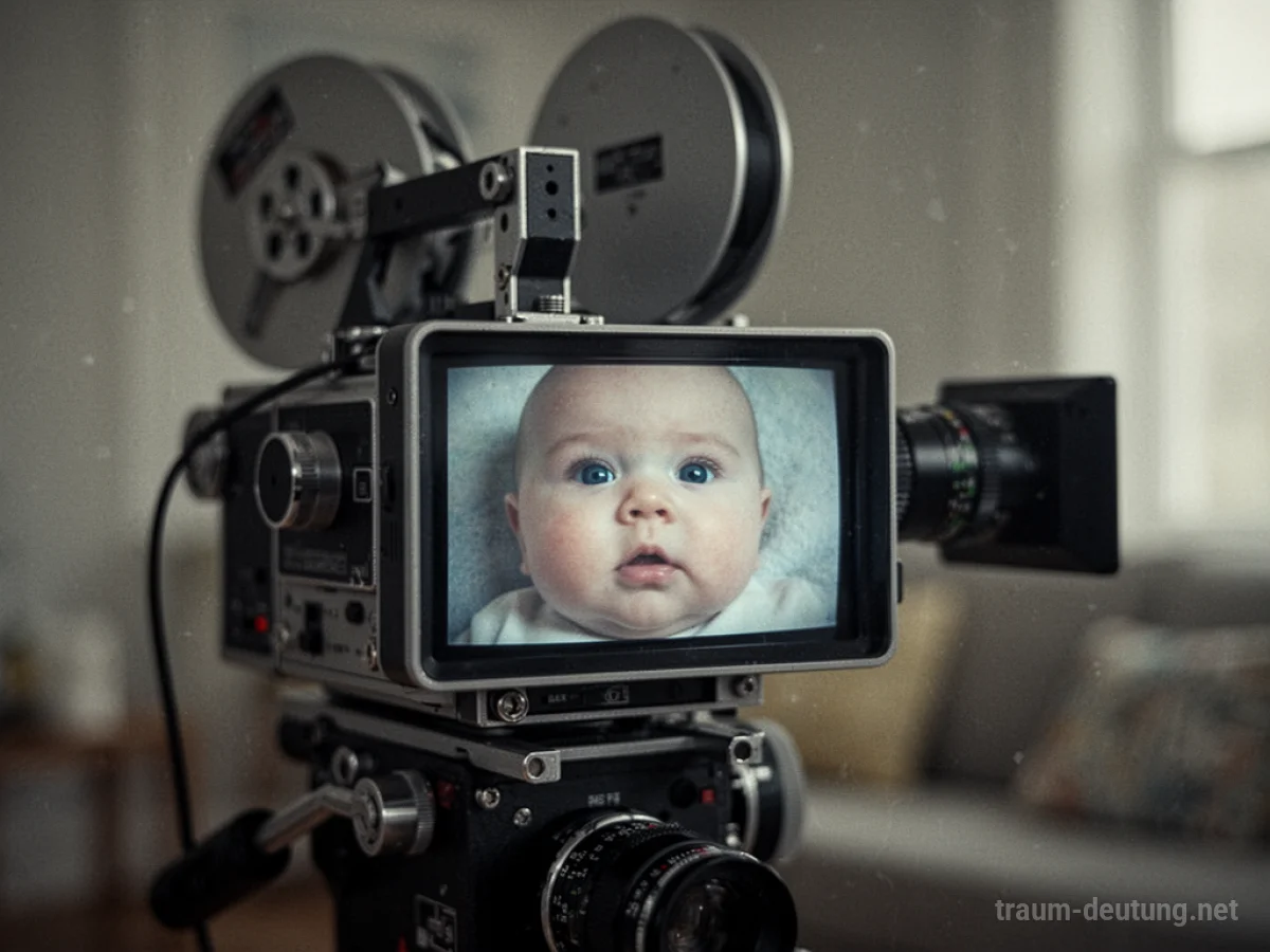 Ein Babygesicht auf dem Bildschirm einer alten Videokamera.