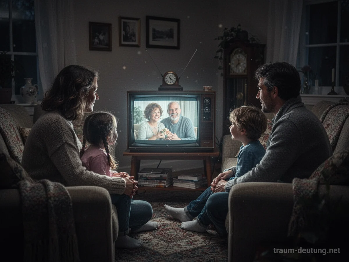 Familie schaut gemeinsam ein altes Video auf einem Fernseher