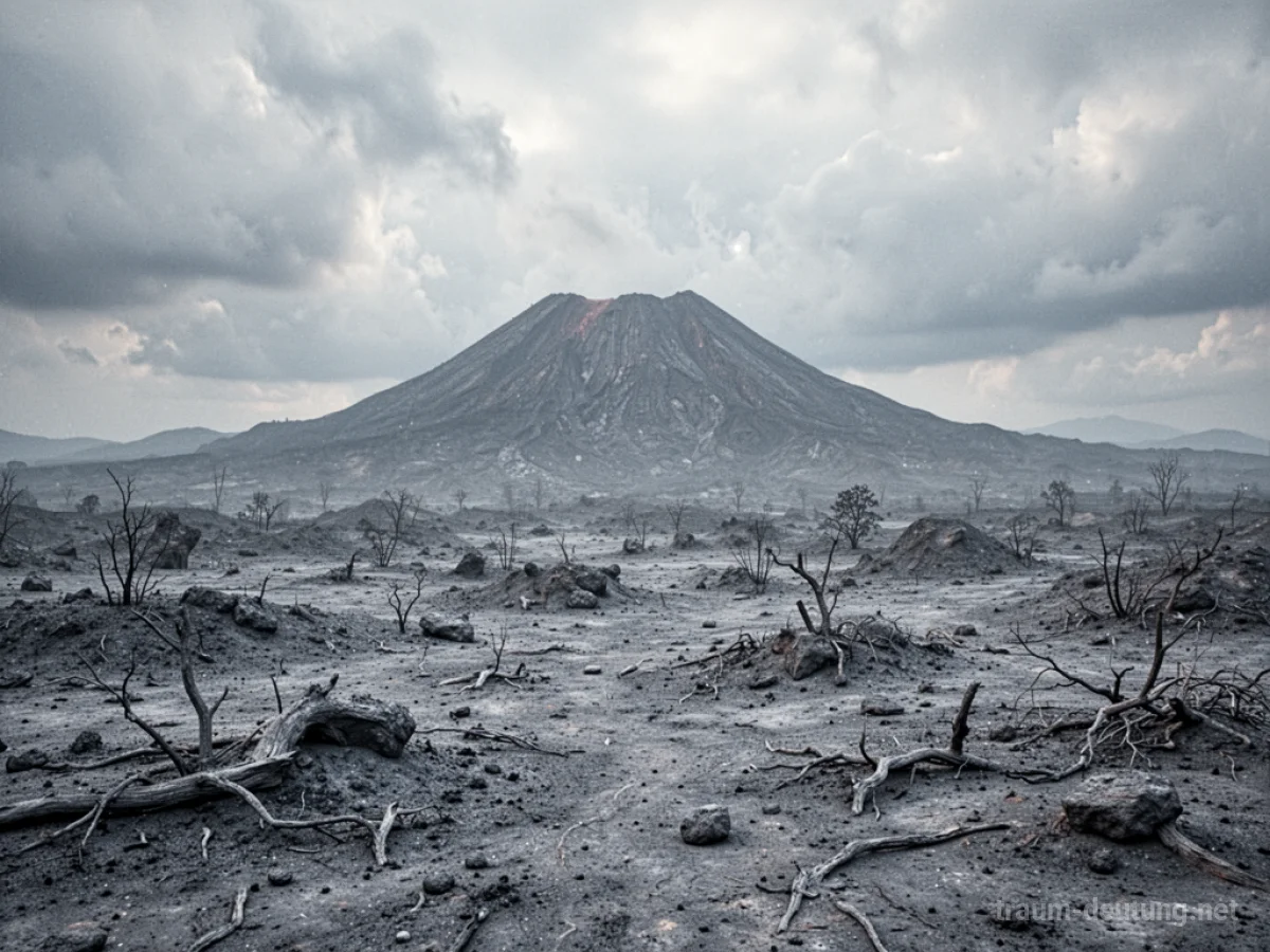 Ascheregen bedeckt eine Landschaft, Vulkan im Hintergrund