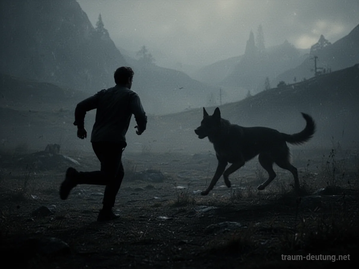 Silhouetten einer Person, die vor einem Hund im Schatten davonläuft, auf dunklem Grund.