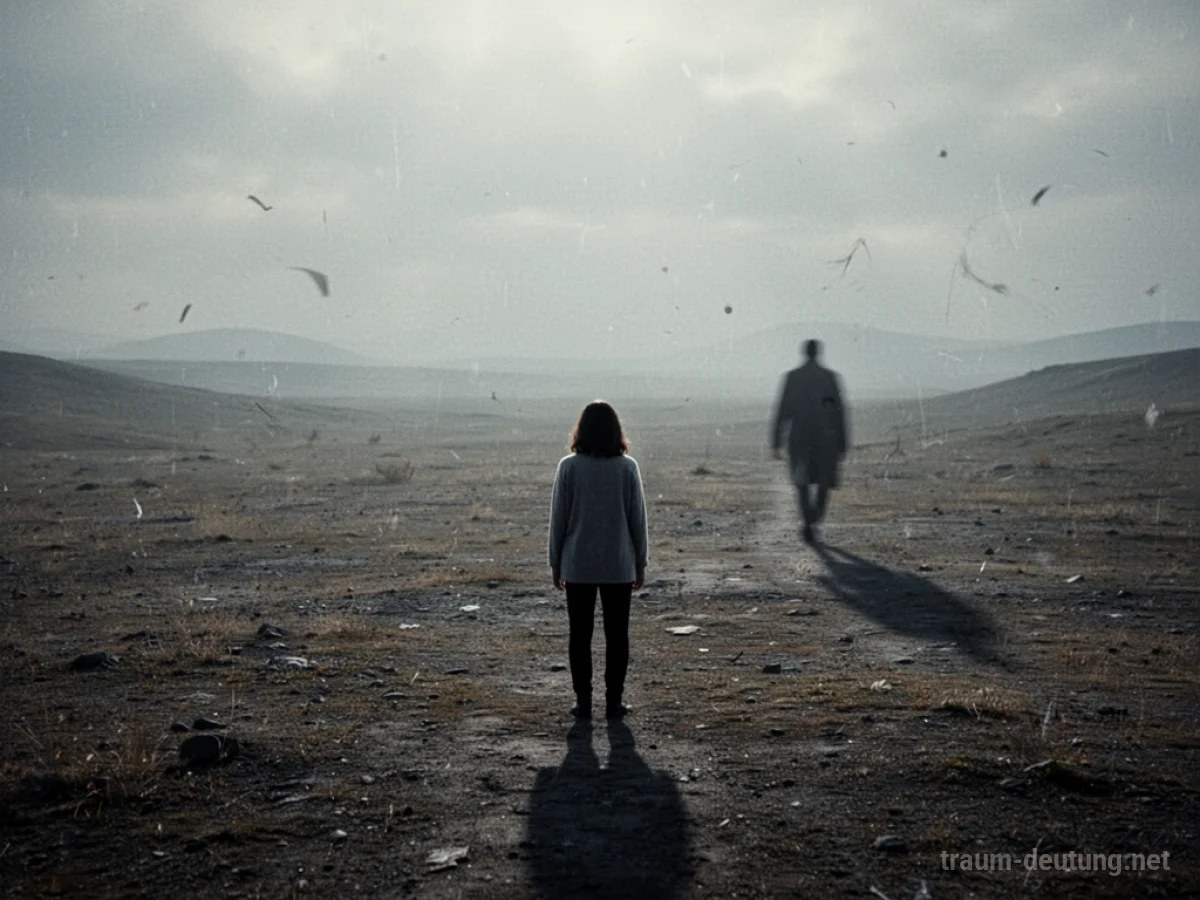 Eine Person steht allein in einer weiten, leeren Landschaft, während eine dunkle Silhouette davongeht.