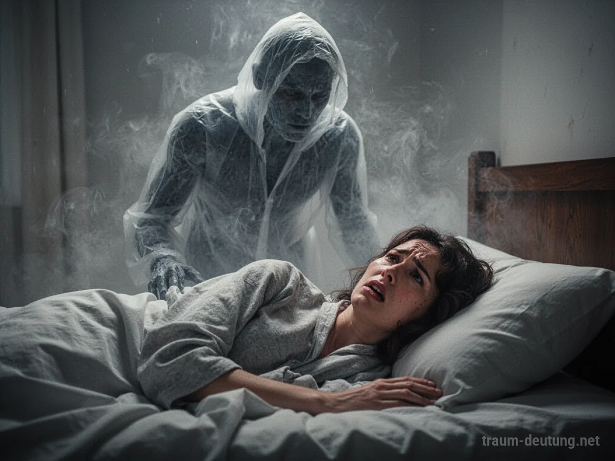 Geist schwebt über Person im Bett, symbolisiert Bedrohung im Traum.